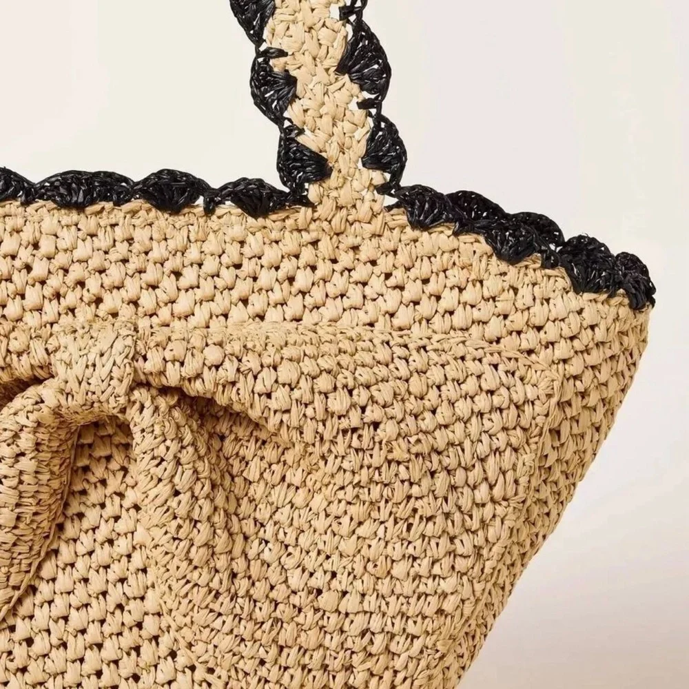 kate spade beige straw tote with black scalloped trim - Picture 2 of 4